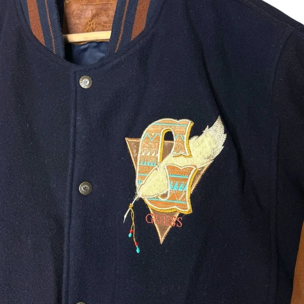Vintage Guess Indian Head Leather Wool Varsity Letterman Jacket Men’s Sz L